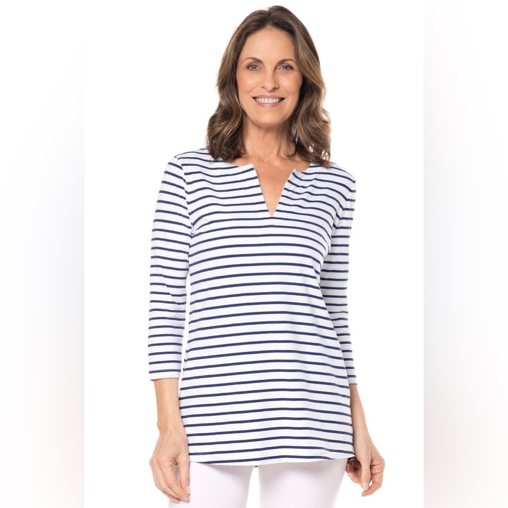 Coolibar Women's St. Lucia White Striped Tunic Top UPF 50+ Size Large